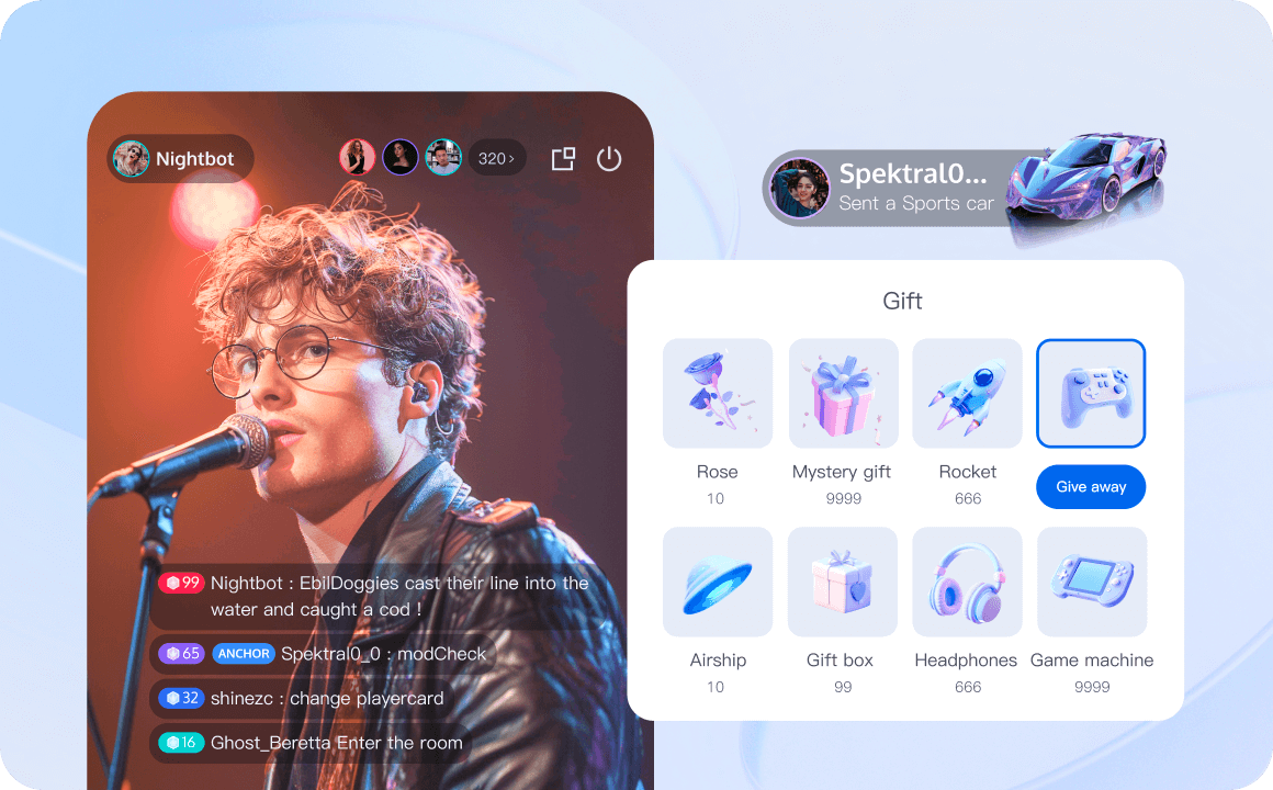 Ready-to-use virtual gifting solution for live streaming and chat rooms, enabling real-time interactions with seamless integration.