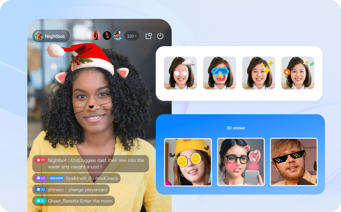 Featuring dynamic gift animations and facial sticker effects with the cutting-edge AR technology.