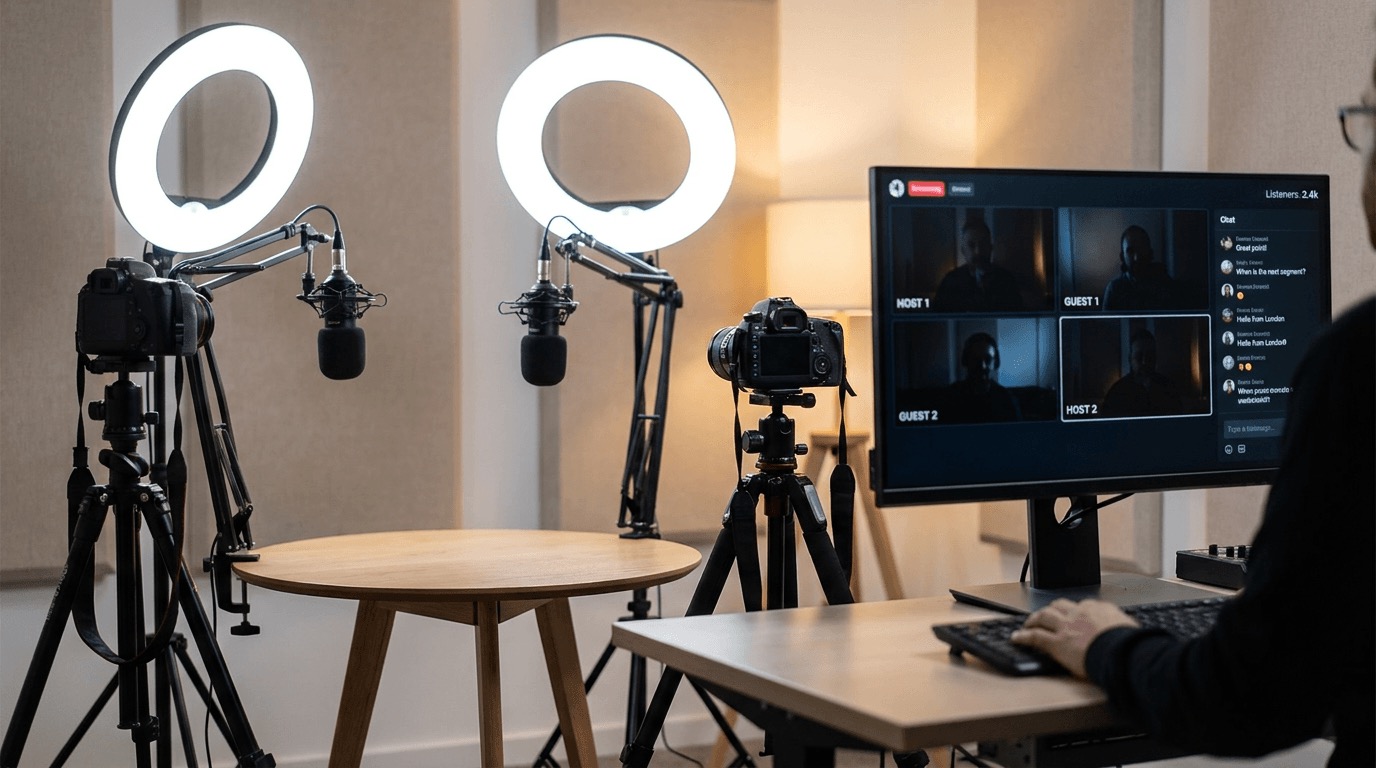 Multi-host live streaming studio with ring lights and real-time chat interface for social iGaming game rooms