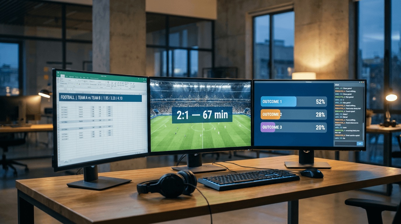 Sports prediction operations workstation showing live odds board, sports broadcast feed, and real-time prediction widget for iGaming platforms