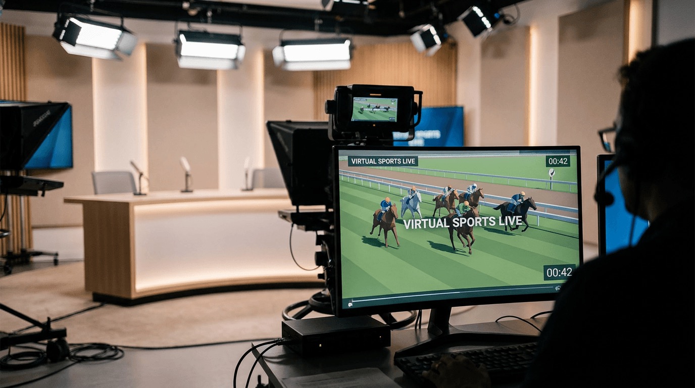 Virtual sports broadcast studio with CGI virtual race feed and low-latency control monitor for iGaming software providers