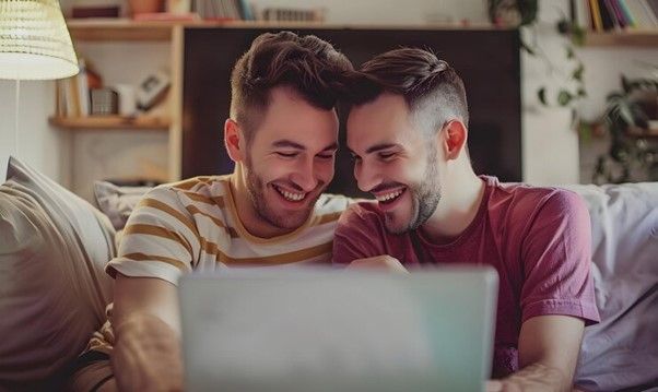 Two men sharing a laugh while using a laptop in a cozy home setting. The background features bookshelves and decorative items