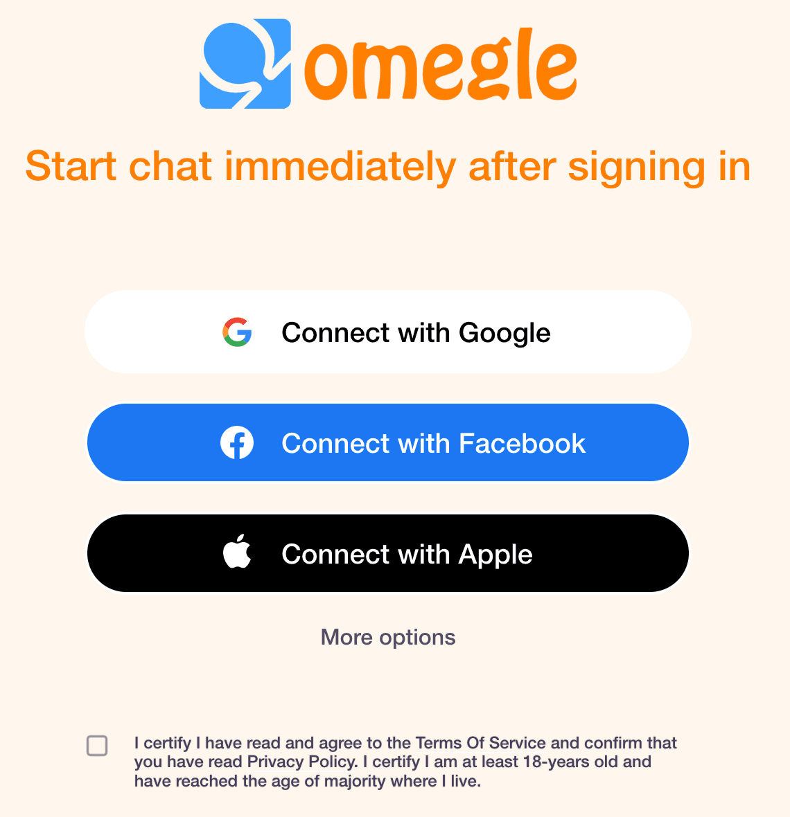 Omegle login page featuring options to connect with Google, Facebook, or Apple