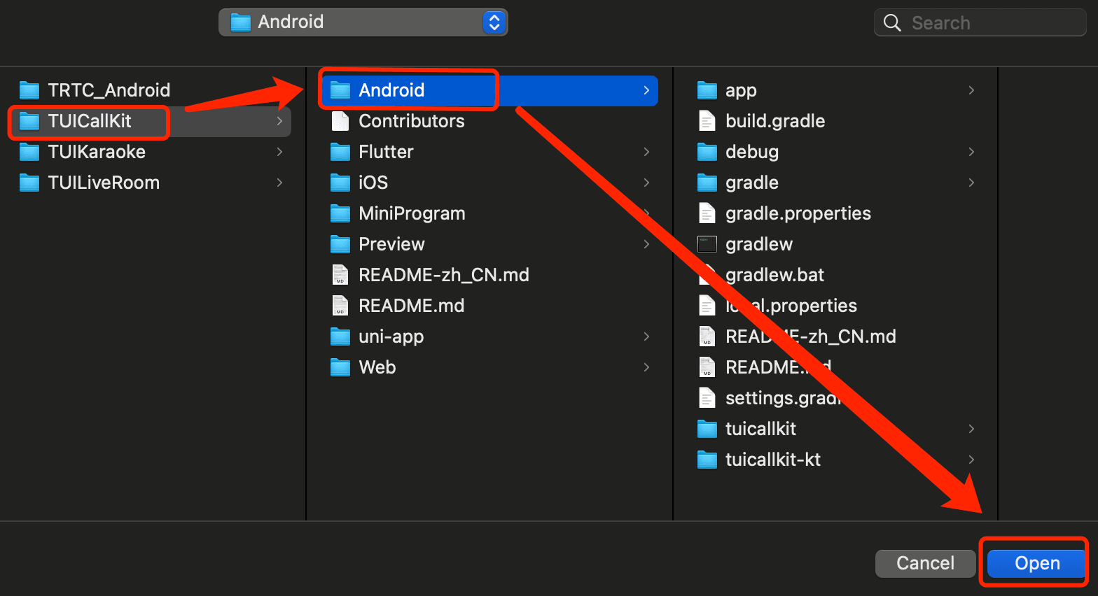 Open the TUICallKit Android project in Android Studio.

Navigate to the folder containing the TUICallKit project.

Select the 'Android' folder.
