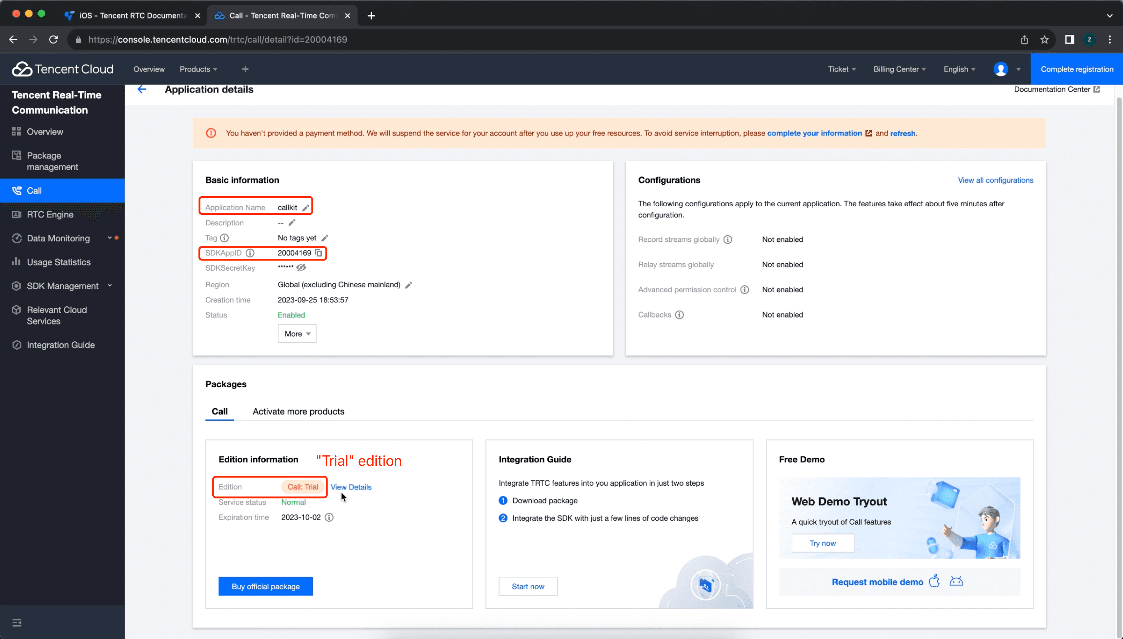 trial edition and the basic information of the call application.png