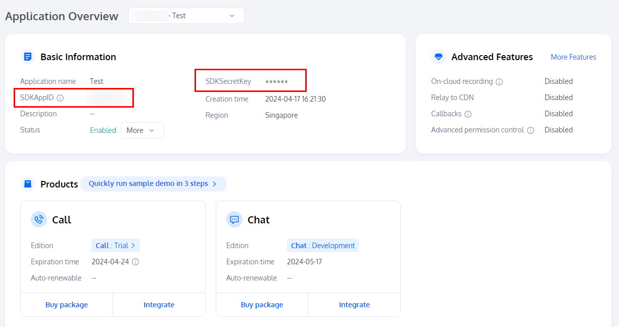 Application Overview

- Basic Information
  - SDKAppID
  - SDKSecretKey
  - Creation time
  - Region
  - Status

- Advanced Features