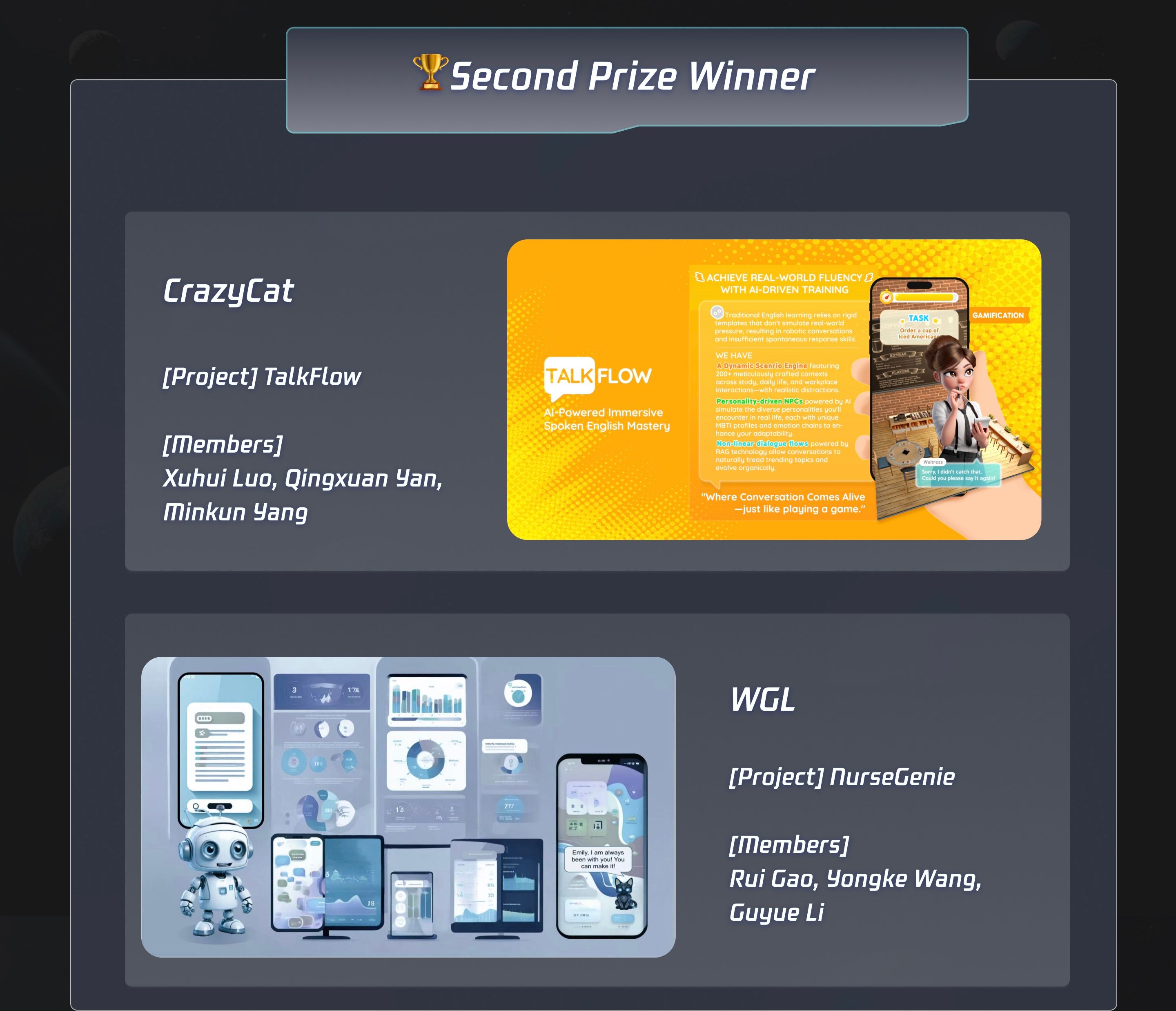 Second Prize Winner展示了两项获奖项目：CrazyCat的TalkFlow和WGL的NurseGenie。CrazyCat团队包括Xuhui Luo, Qingxuan Yan