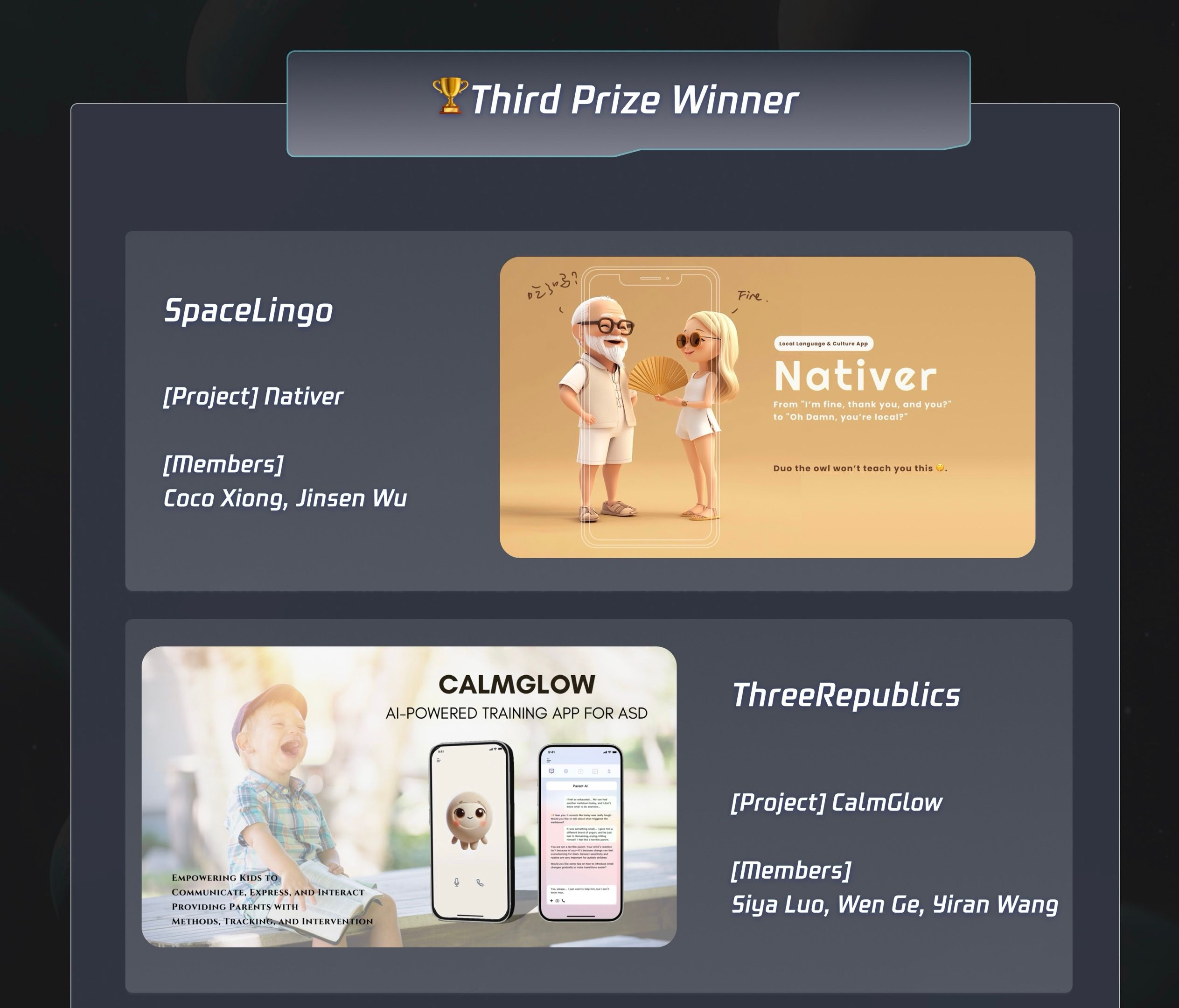 Third Prize Winner展示了两项获奖项目：SpaceLingo的Nativer和CalmGlow。SpaceLingo团队包括Coco Xiong和Jinsen Wu，而CalmGlow团队由Siya Luo、Wen Ge和Yiran Wang组成。Nativer是一个本地语言和文化应用，CalmGlow是一个为ASD（自闭症谱系障碍）设计的AI培训应用。