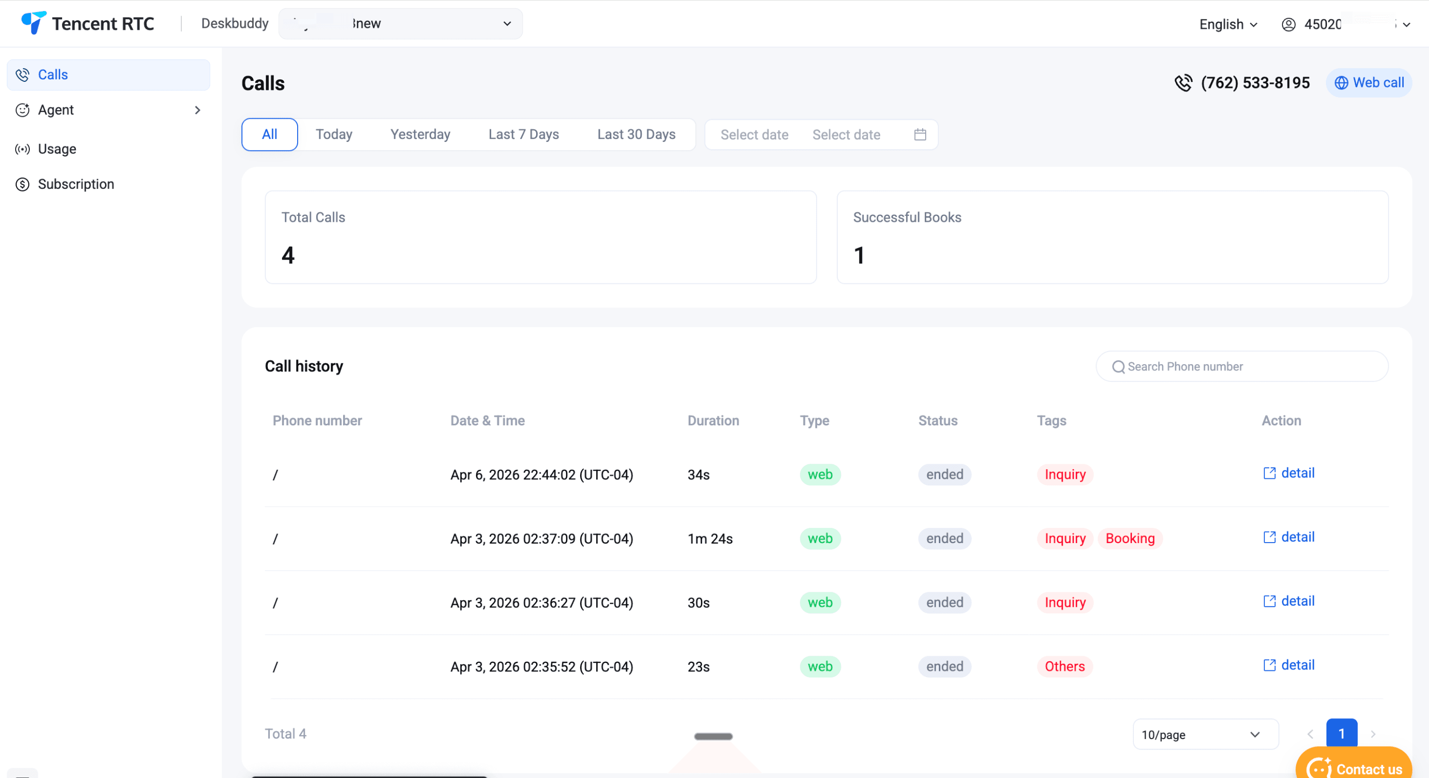DeskBuddy Web Calls console — see all calls and AI conversations at a glance
