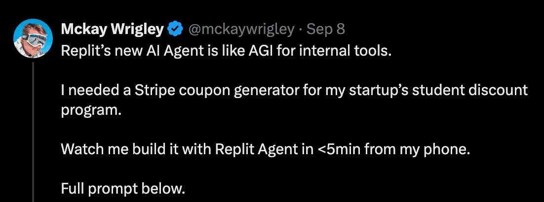 Replit's new AI Agent, Stripe coupon generator, student discount program, quick demonstration, mobile development.