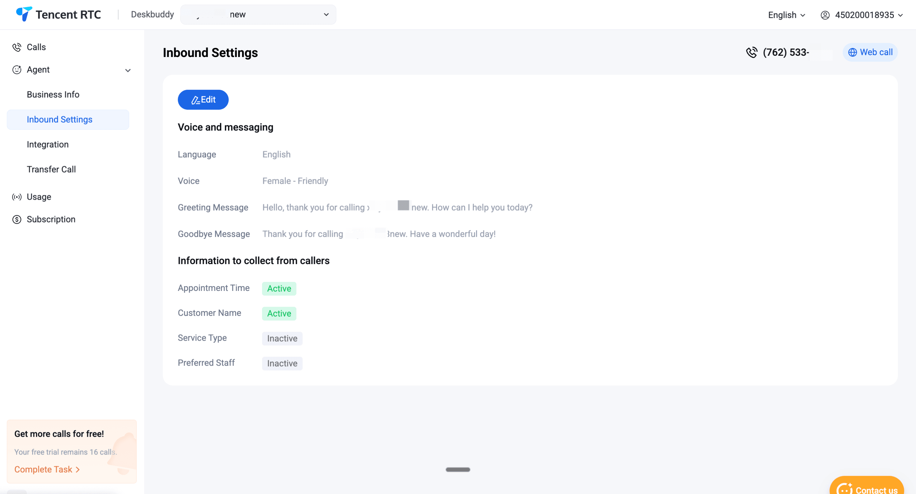 Configure inbound call settings — voice, data collection, and routing