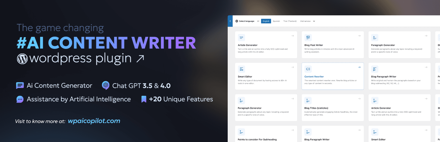 AI-powered content generation plugin for WordPress, featuring Article Generator, Blog Post Writer, Paragraph Generator, Smart Editor